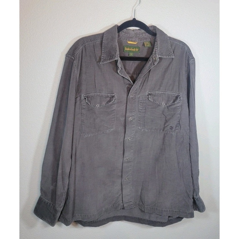 Timberland Corduroy Button Up Shirt Mens Large Gray 100% Cotton‎ Snap Front
